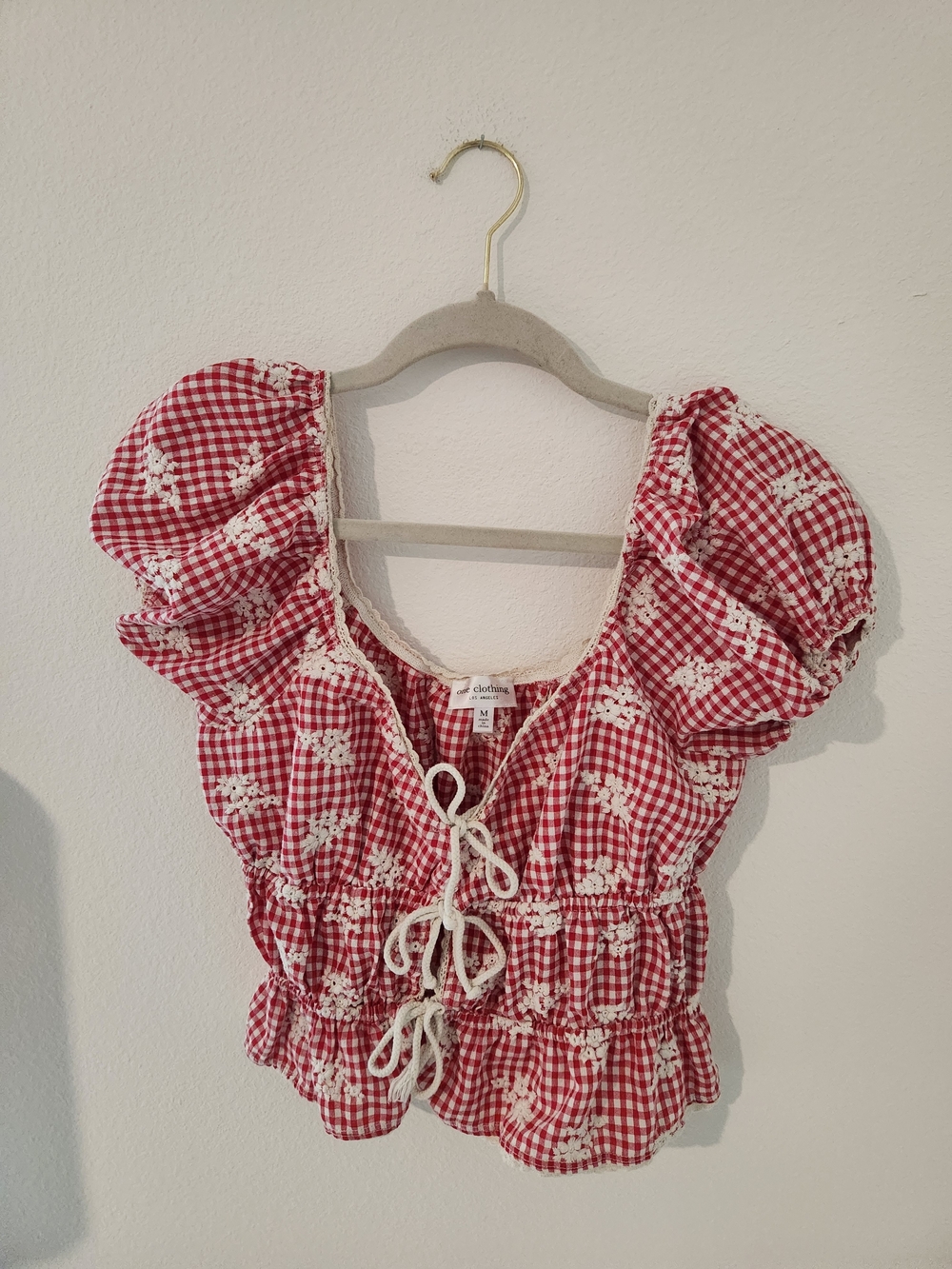 one clothing Red Gingham Puff-Sleeve Baby Doll Tie-Front Top